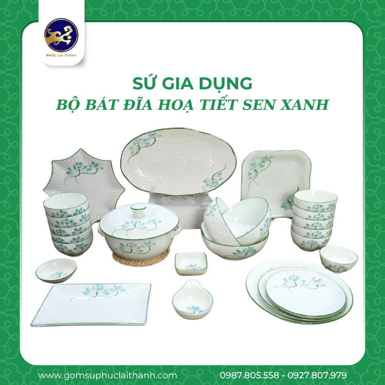 Bộ Bát Đĩa Sen Xanh