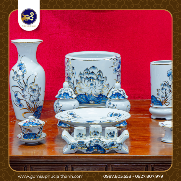 BỘ ĐỒ THỜ SEN CHÀM VÀNG KIM