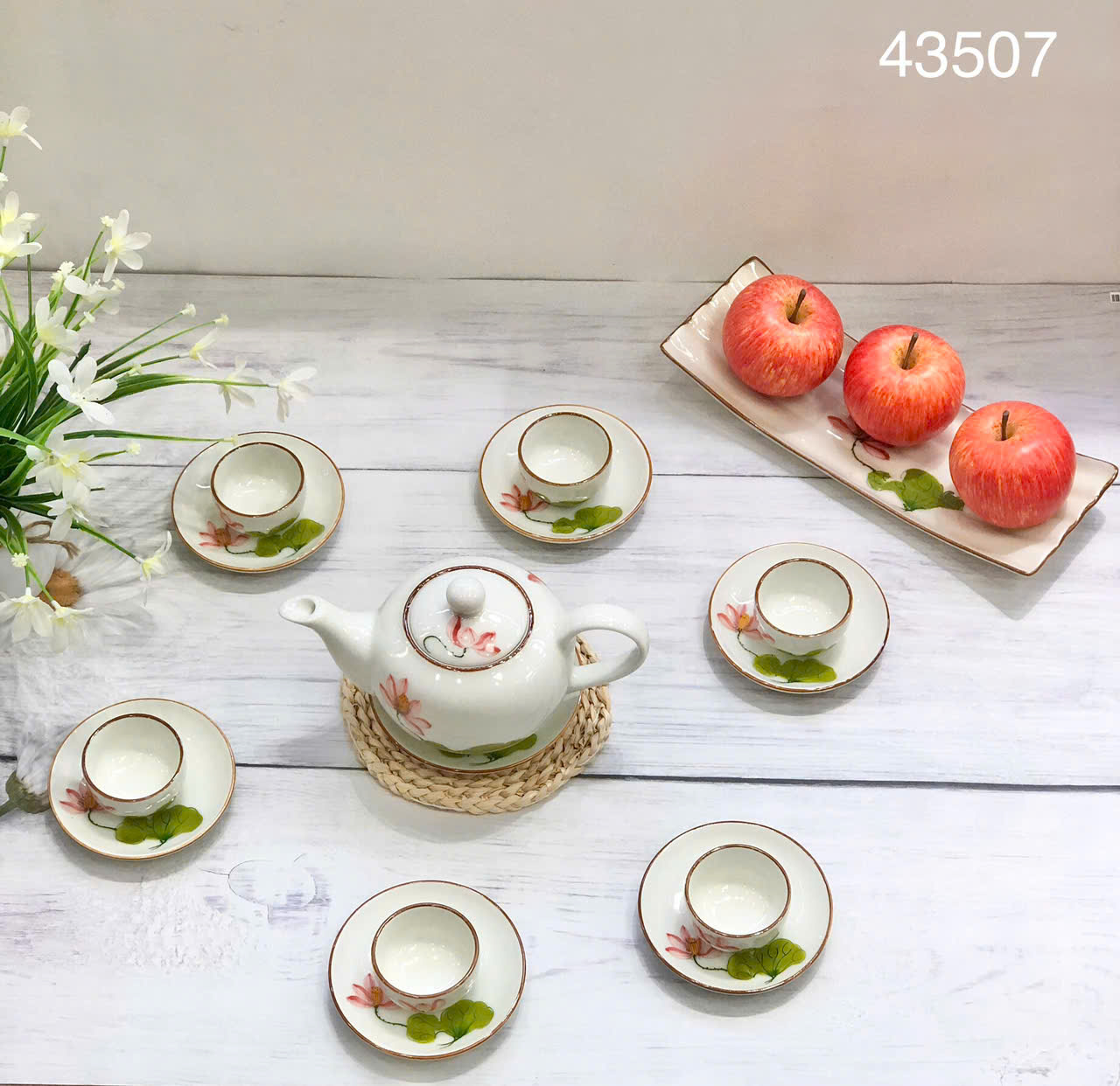 Bộ ấm chén sen đỏ Bát Tràng
