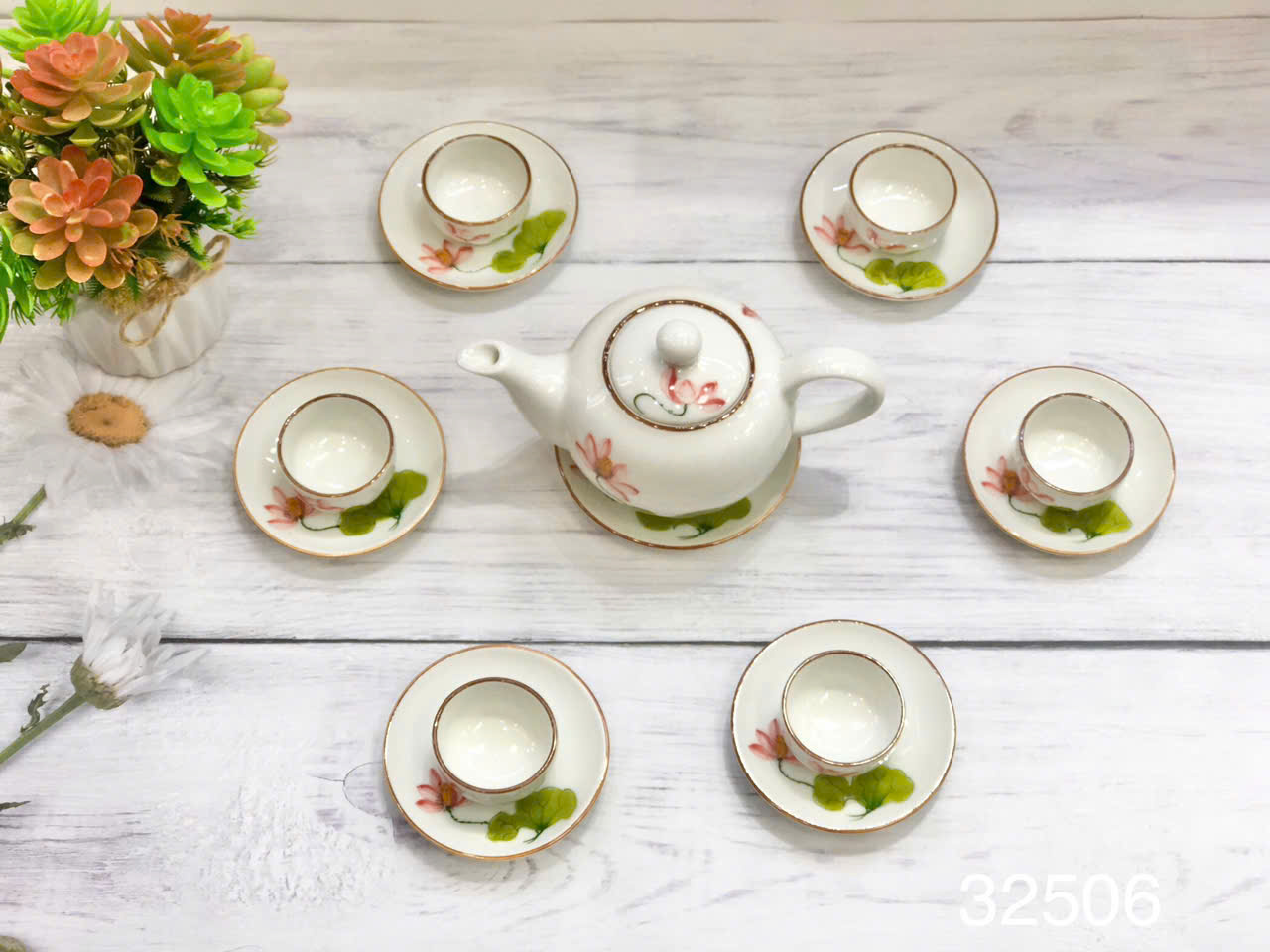 Bộ ấm chén sen đỏ Bát Tràng