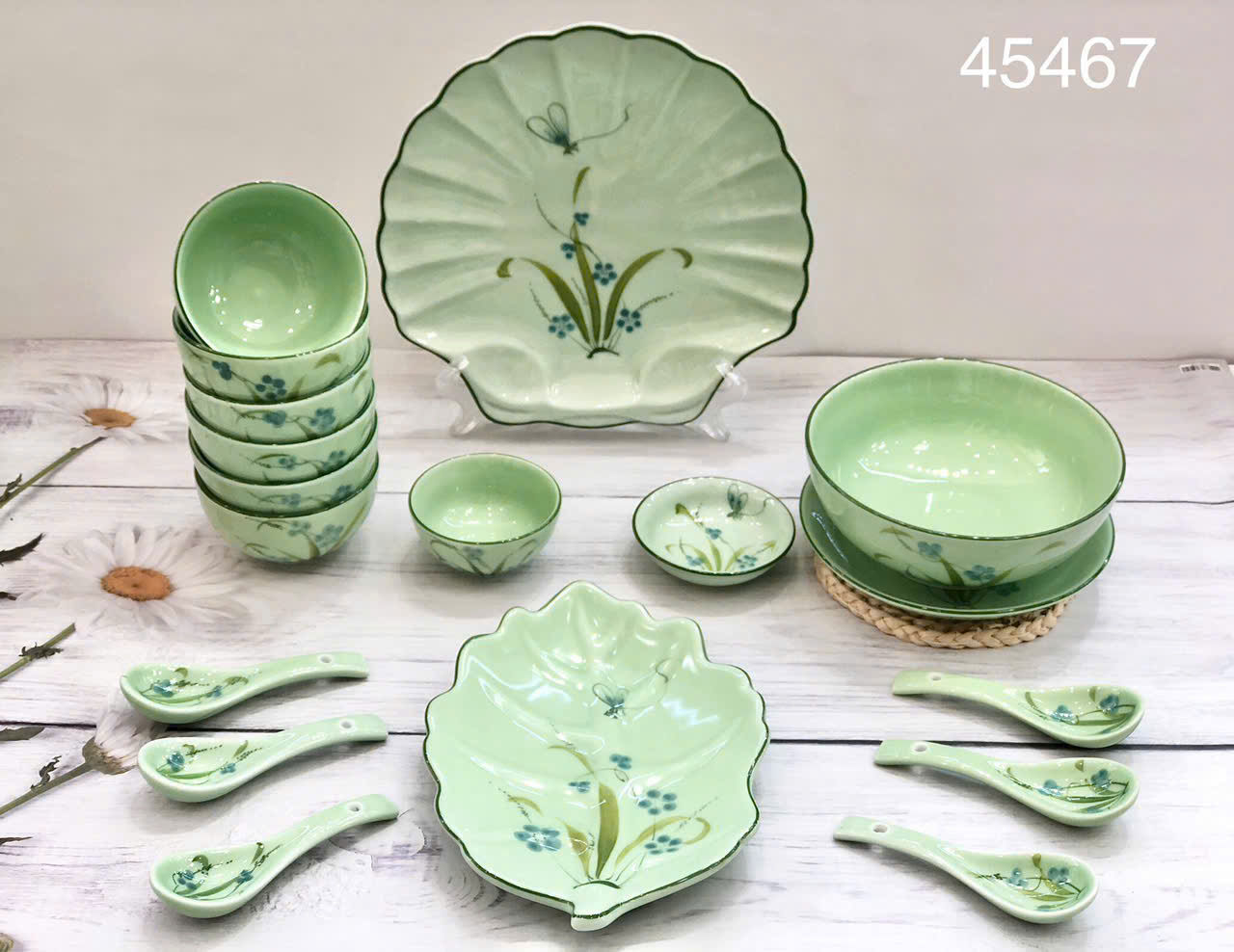 Bộ đồ ăn gốm sứ Đào chuồn xanh lá