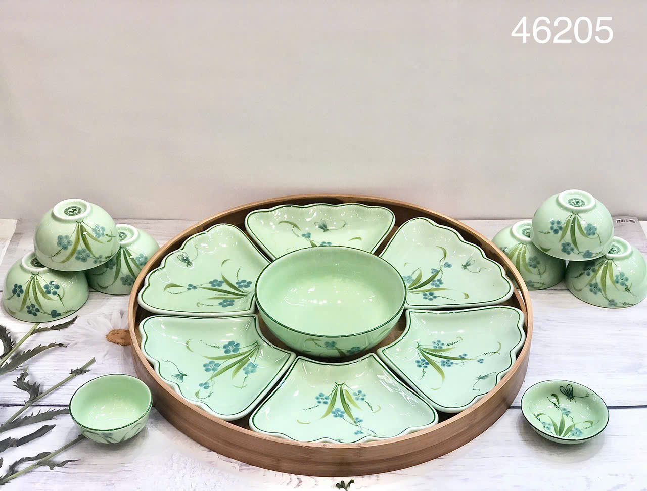 Bộ đồ ăn gốm sứ Đào chuồn xanh lá
