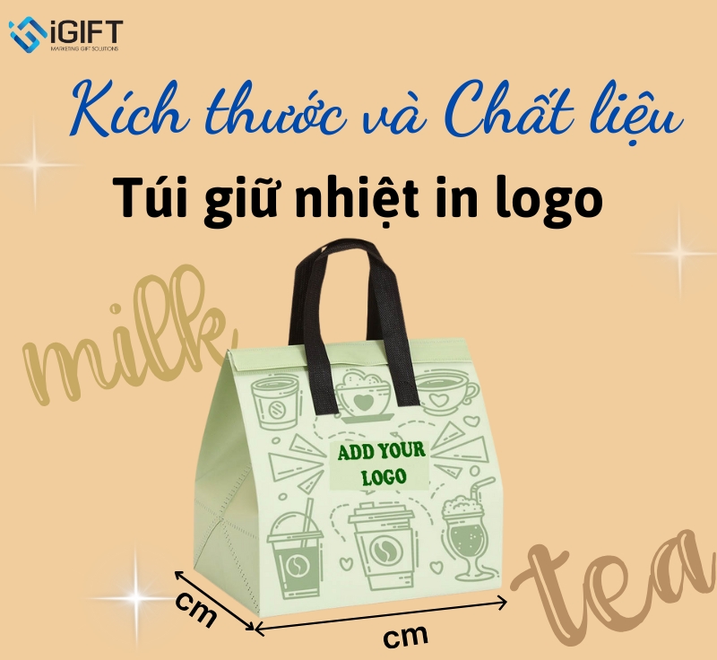 Kích thước và chất liệu của túi giữ nhiệt trà sữa in logo
