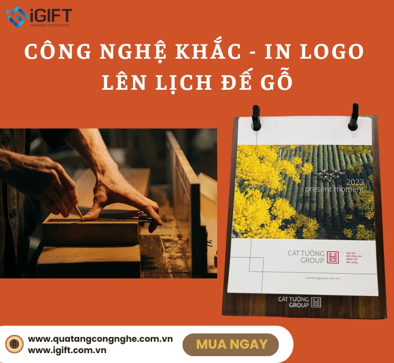 Lịch gỗ để bàn - Công nghệ in/khắc logo lên đế gỗ