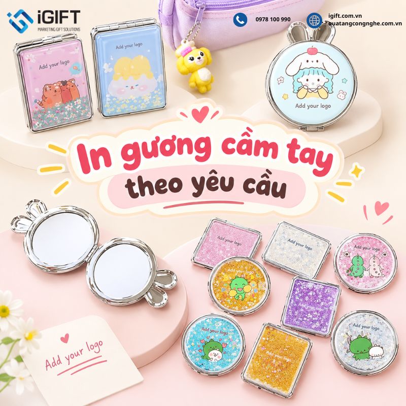 In gương cầm tay theo yêu cầu: quà tặng thương hiệu tinh tế, dùng mỗi ngày