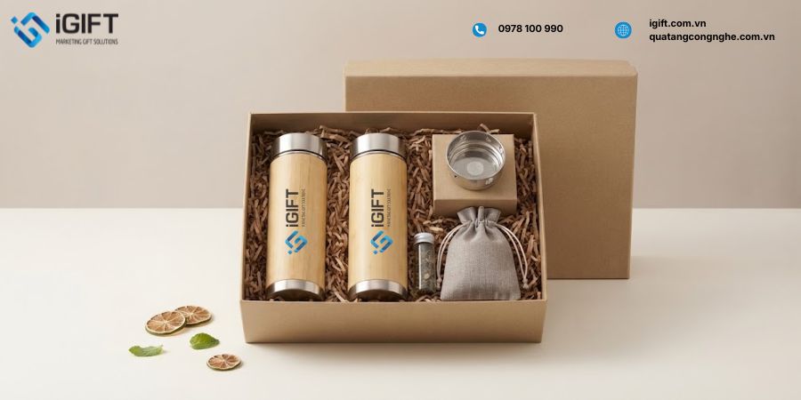 bình giữ nhiệt vỏ tre khắc logo