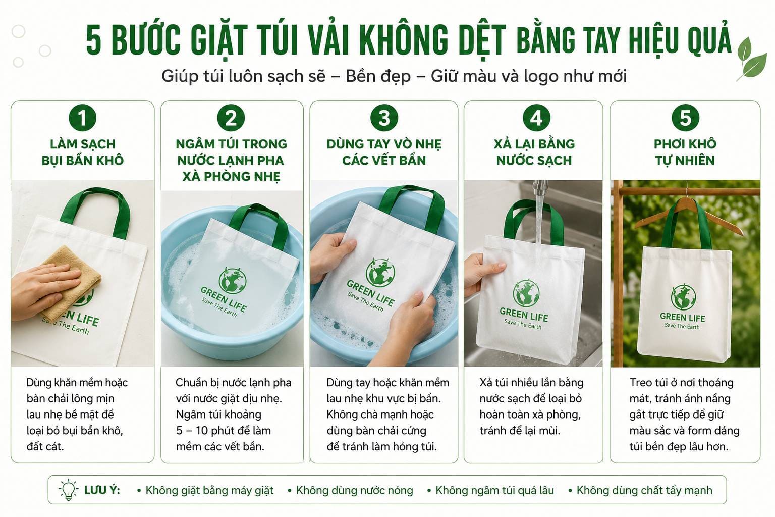 cách giặt túi vải không dệt bền đẹp theo từng bước