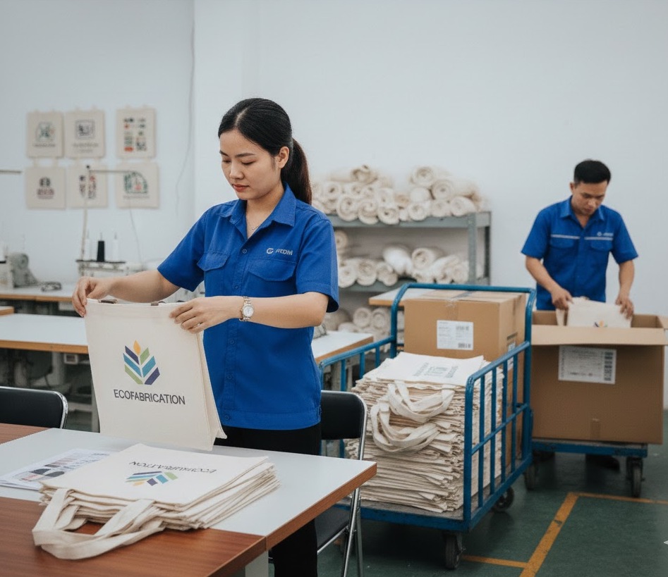 Kiểm tra chất lượng in túi vải và đóng gói thành phẩm 