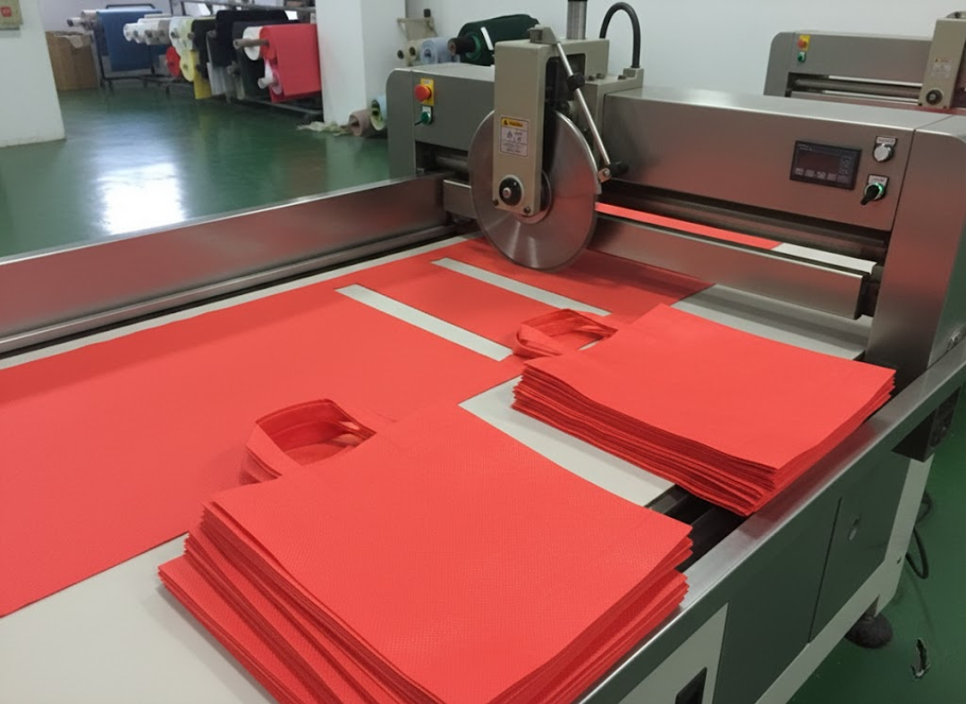 Bước cắt vải và định hình form túi trong quy trình sản xuất túi vải không dệt quà tết