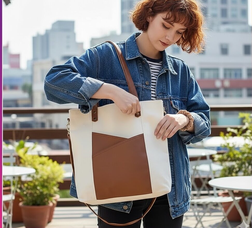 Túi canvas phối da dành cho nữ rất tiện lợi khi đi làm 