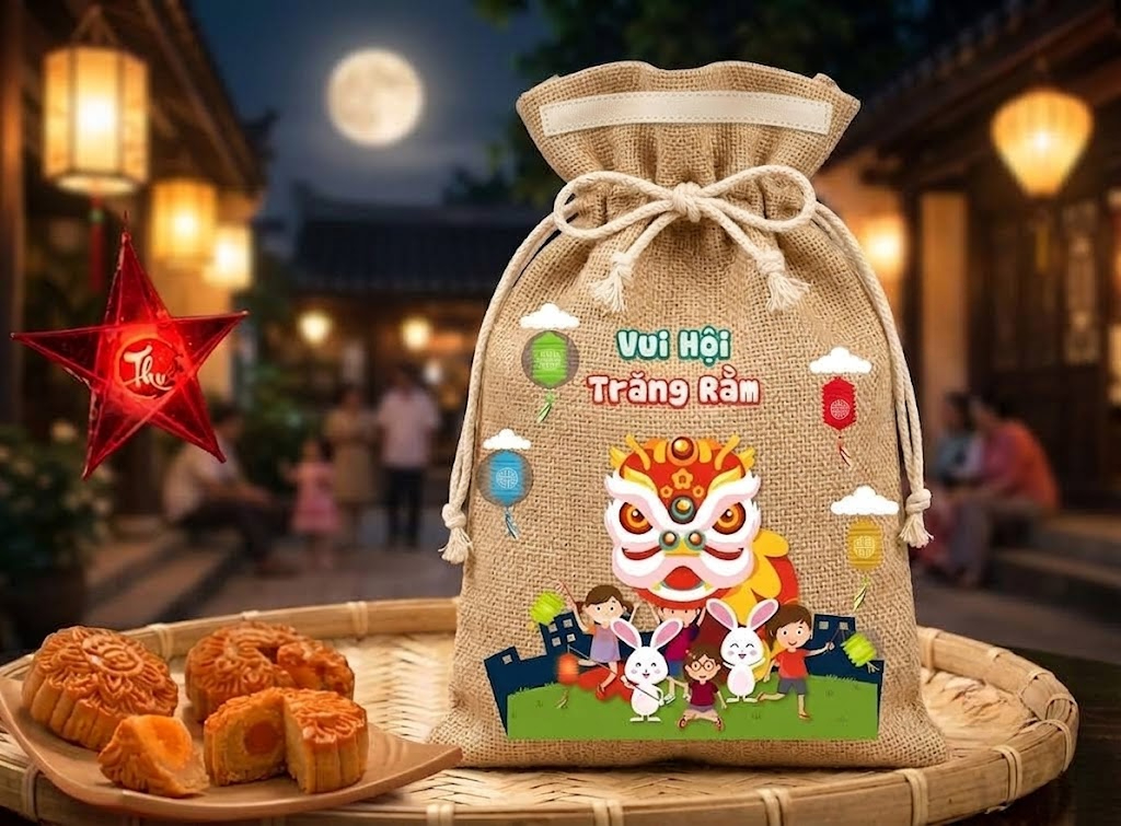 Túi dây rút in hình Trung Thu múa lân và đèn lồng