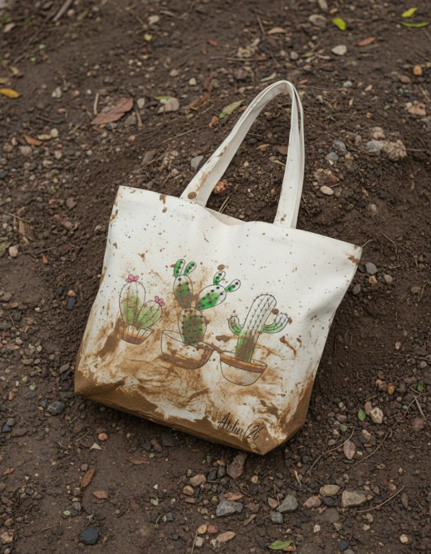 Túi vải canvas có vết bẩn là bùn đất có thể sử dụng bàn chải cùng xà phòng chà nhẹ