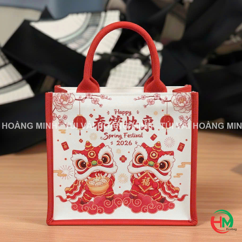 Túi vải linen đựng quà  mang nhiều họa tiết tết