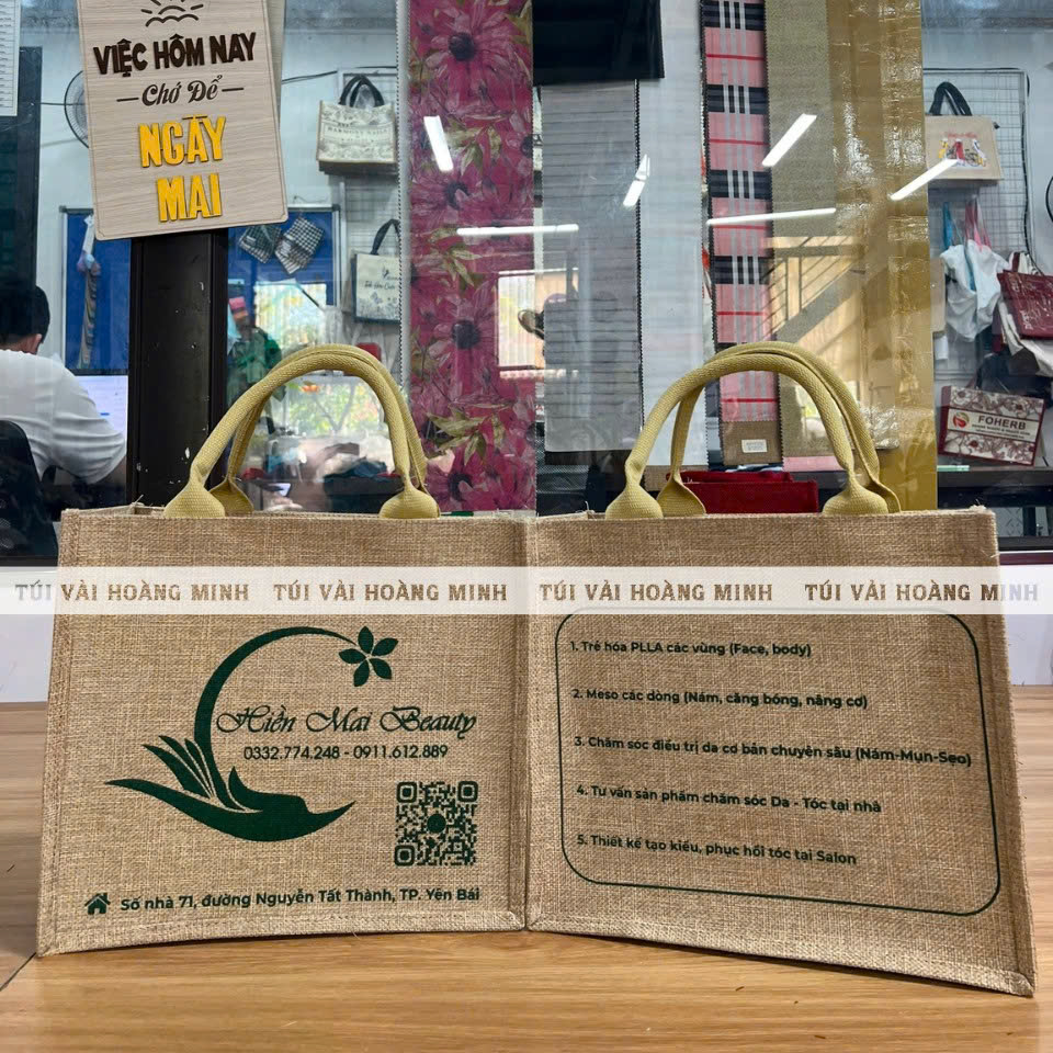 Túi vải linen in logo Hiền Mai Beauty thiết kế riêng dành cho thương hiệu Hiền mai