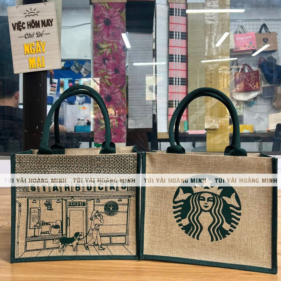 Túi Vải Linen In Logo Starbucks Thiết Kế  2 Mặt Theo Yêu Cầu