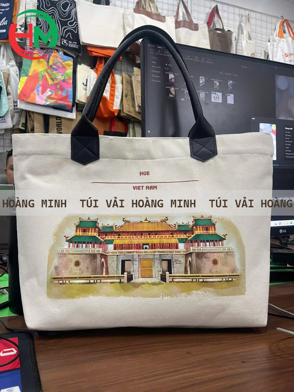 Túi Vải Canvas Quai Da In Họa Tiết Kinh Thành Huế