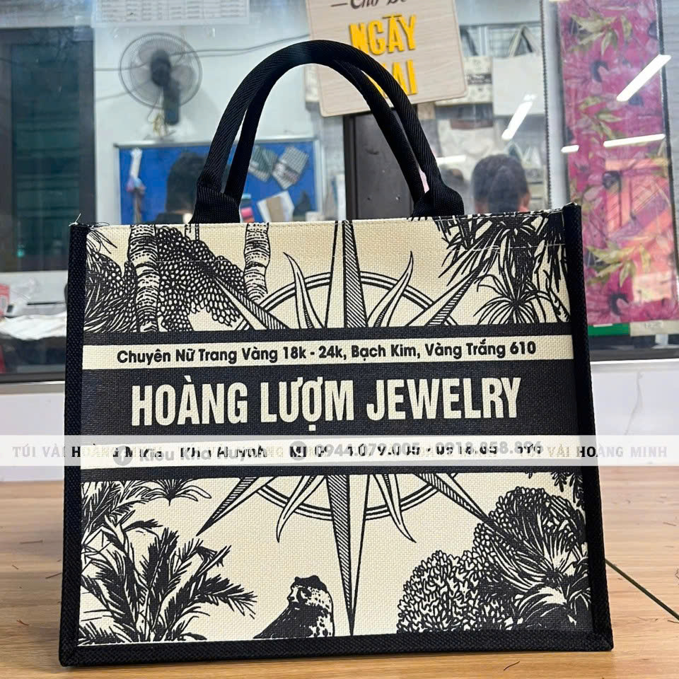 túi vải linen in logo hoàng lượm jewery quà tặng khách hàng