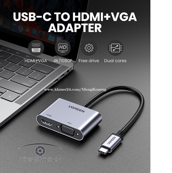 Cáp USB Type C to HDMI + VGA Ugreen 50505 hỗ trợ sạc Power Delivery chính hãng