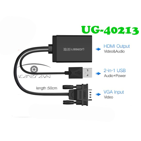 Cáp chuyển VGA to HDMI tích hợp Audio Ugreen UG-40213 chính hãng