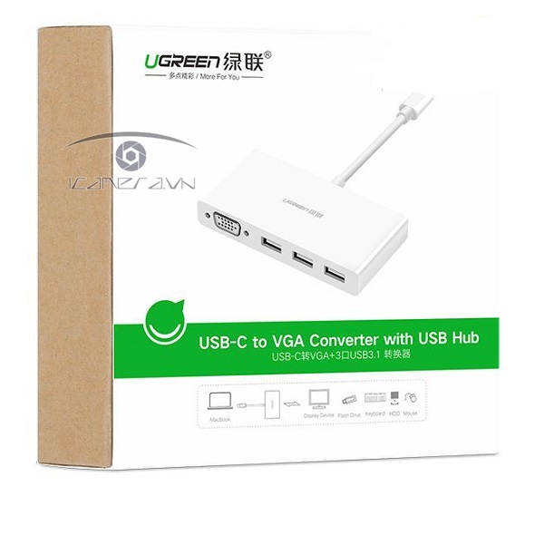 Cáp chuyển USB Type C to VGA, Hub USB 3.0 Ugreen 40375