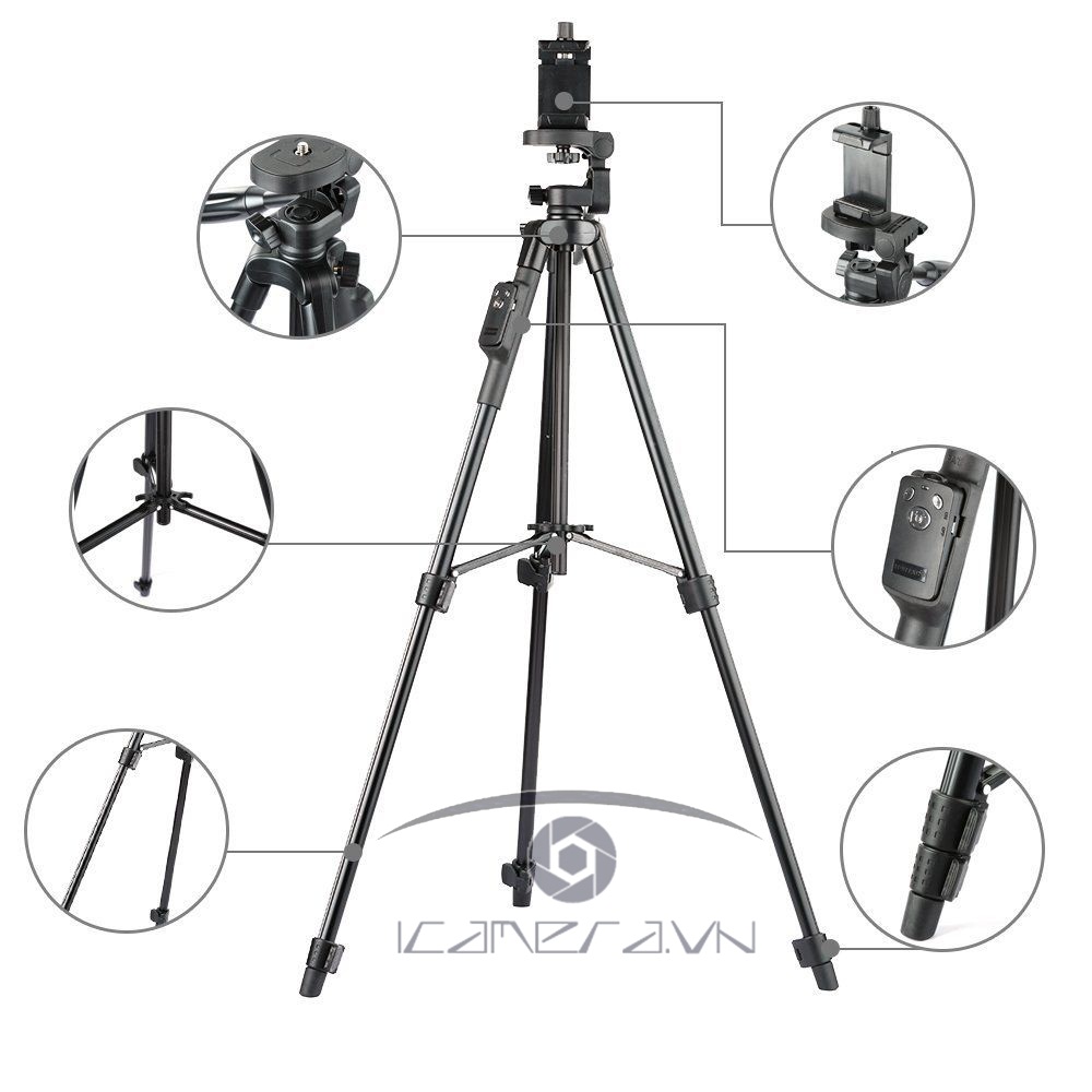 Chân tripod Yunteng VCT-5208 cho máy ảnh, điện thoại kèm điều khiển Bluetooth