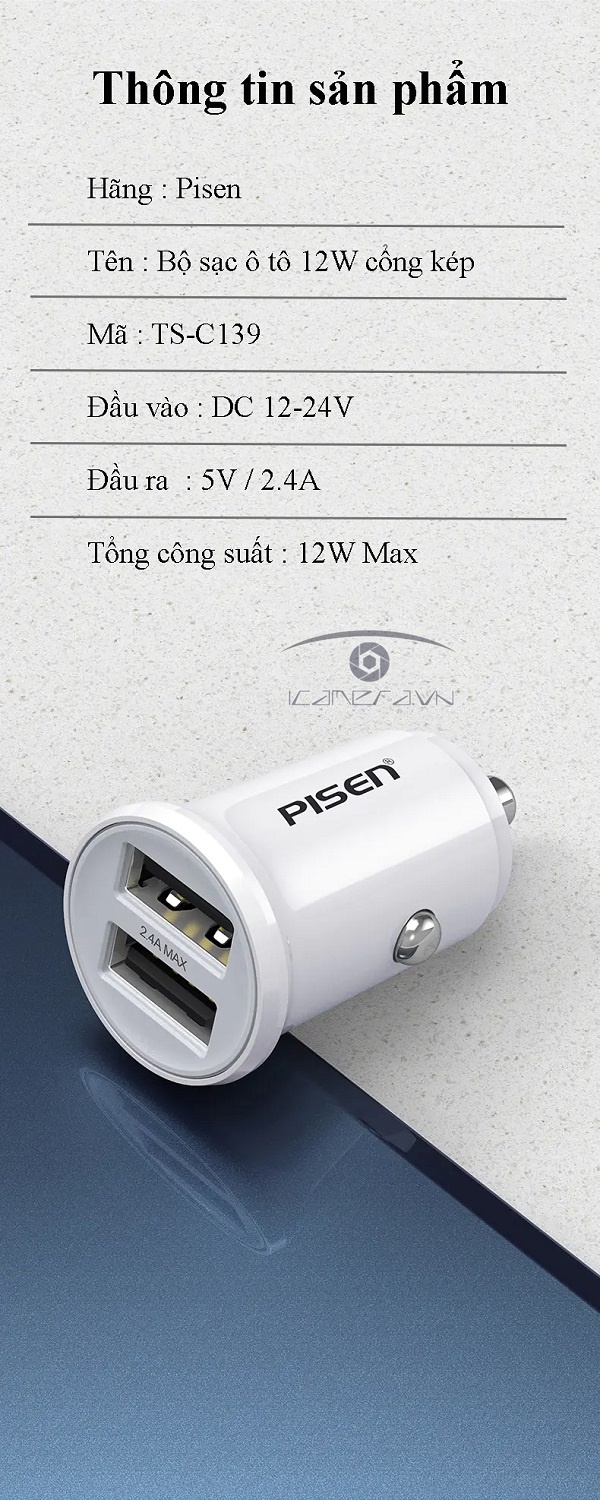 Sạc Dual USB Car 2.4A, 12W - Super small, FAST