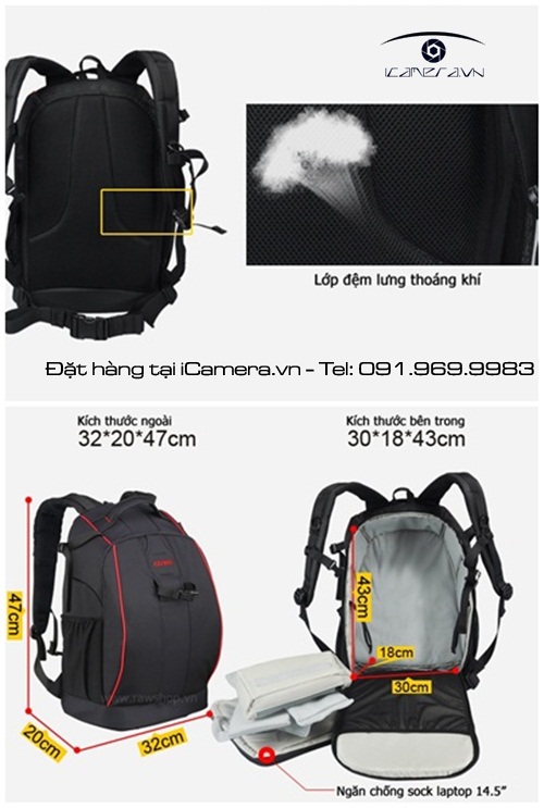 Ba lô máy ảnh chuyên nghiệp cho camera DSLR Caden K7