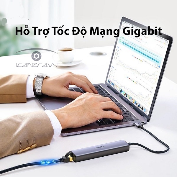 Ugreen 20915 Cáp USB 3.0 to LAN 10/100/1000Mbps và hub 3 cổng USB 3.0