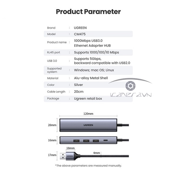 Ugreen 20915 Cáp USB 3.0 to LAN 10/100/1000Mbps và hub 3 cổng USB 3.0
