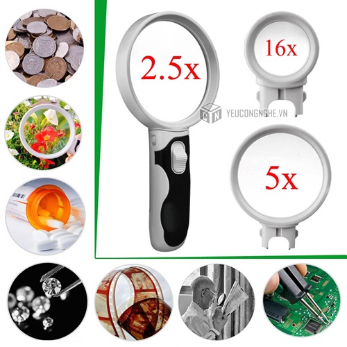 Kính lúp cầm tay 2 đèn led  zoom 2.5x , 5x và 16x ML-301