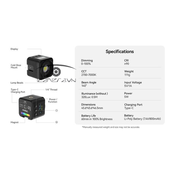 Ulanzi L3 RGB Đèn Led Cob mini 2700 - 7000K công suất 5W
