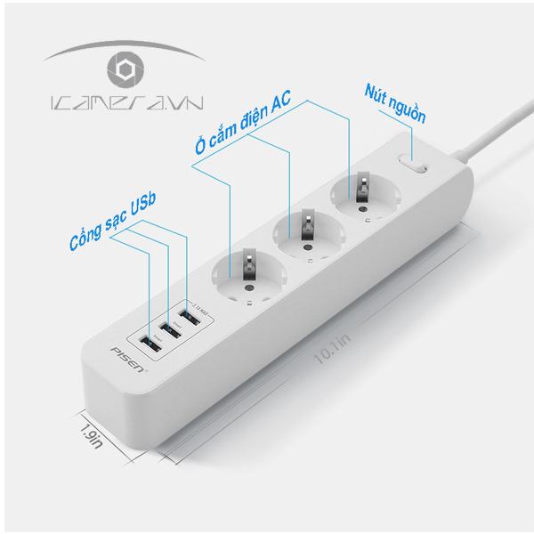 Ổ cắm điện Pisen 303-EP(3USB, 3AC) - ổ căm thông minh, đa năng