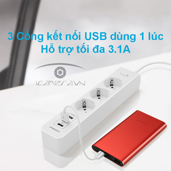 Ổ cắm điện Pisen 303-EP(3USB, 3AC) - ổ căm thông minh, đa năng