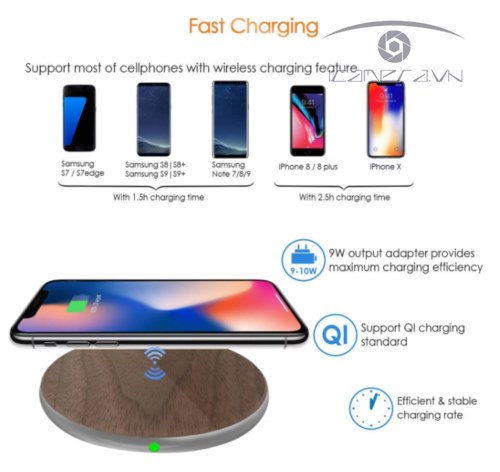 Dock sạc không dây smartphone mặt gỗ viền kim loại WCY-88 đẹp đỉnh cao