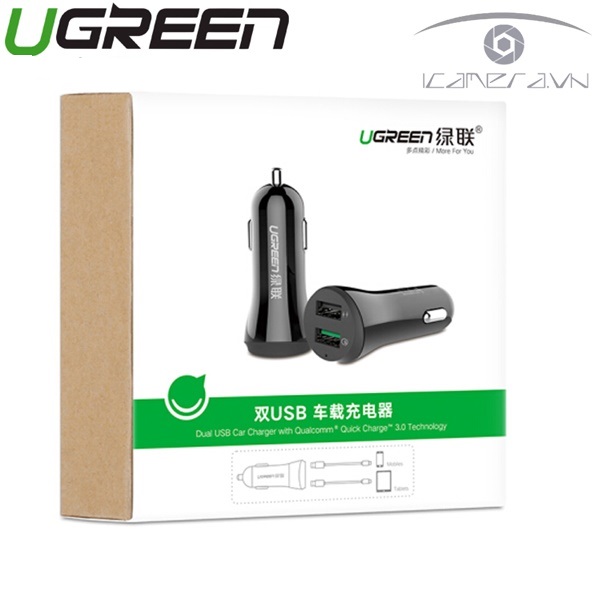 Sạc trên ô tô 2 cổng USB Ugreen 40309 hỗ trợ 2.4A/Quick Charge 3.0
