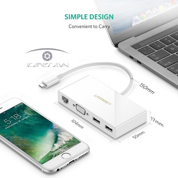 Cáp Chuyển USB Type C To VGA, Lan 10/100Mbps, Hub USB 3.0 Ugreen 40378