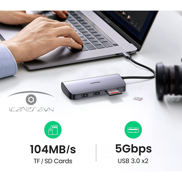 Hub USB Type C 7 in 1 to HDMI, USB 3.0, Lan, đọc thẻ SD/TF, PD USB C Ugreen 50852