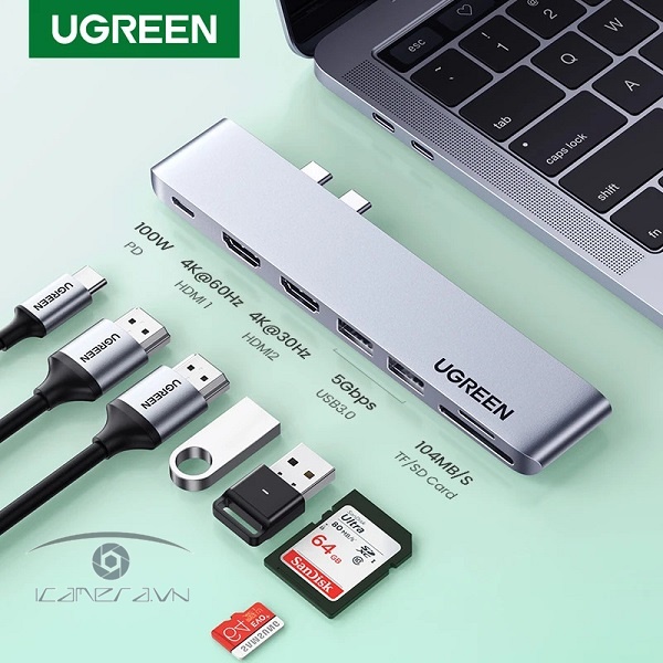 Hub USB Type C to 2 HDMI, USB 3.0, đọc thẻ SD/TF hỗ trợ sạc USB C Ugreen 80548