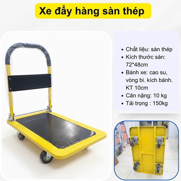 Xe đẩy hàng sàn thép 4 bánh vàng đen 150kg