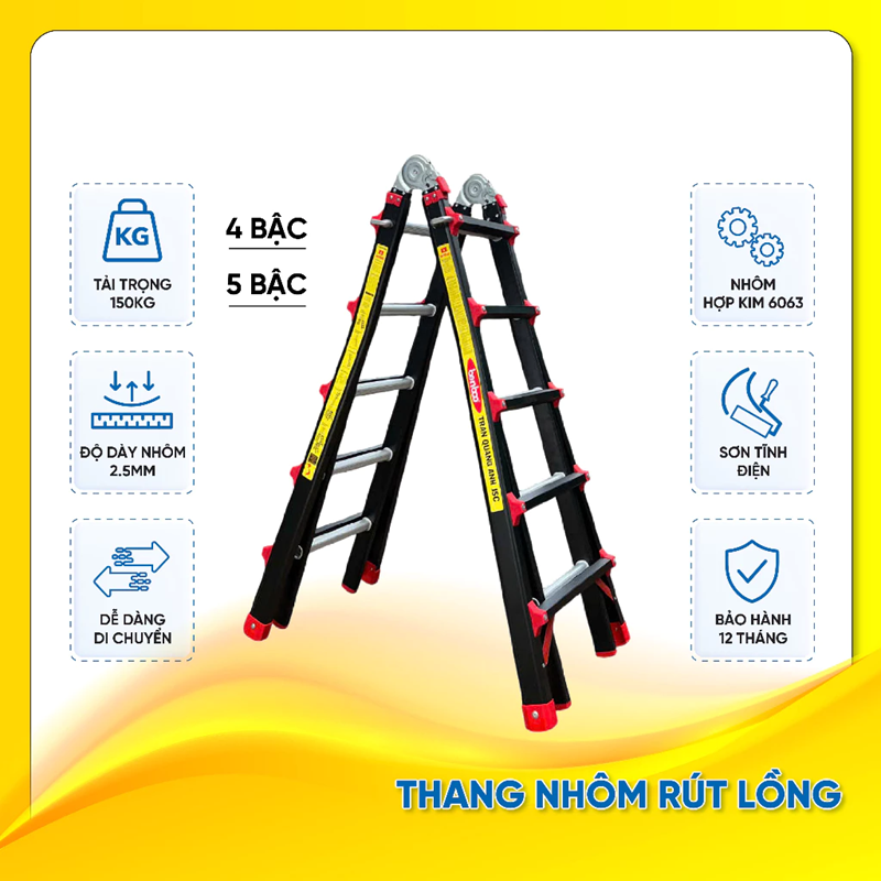 Thang nhôm gấp (rút lồng) đa năng Benboo BB-45G 5 bậc khóa gạt