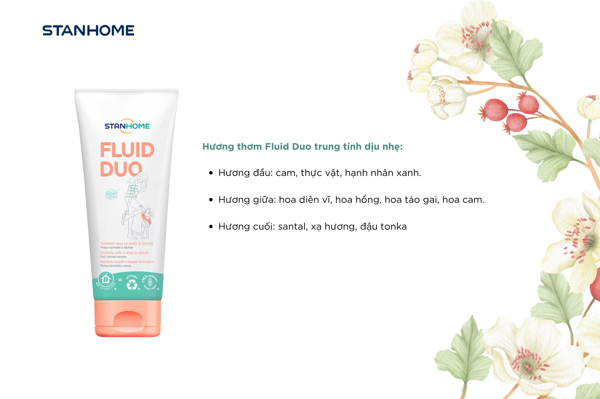 Kem dưỡng ẩm Fluid Duo Sữa tắm không xà phòng Soft Shower với ba tầng hương: hương đầu hương giữa và hương cuối