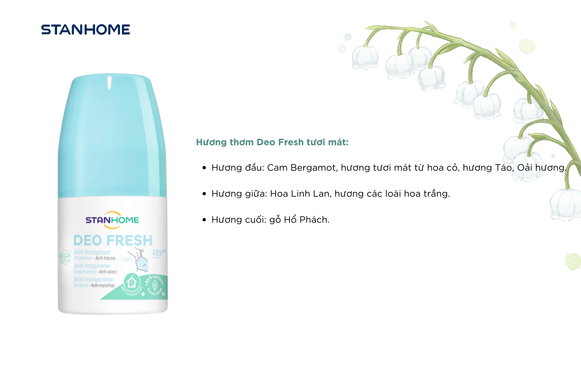 Lăn khử mùi không cồn Deo Fresh với ba tầng hương: hương đầu hương giữa và hương cuối