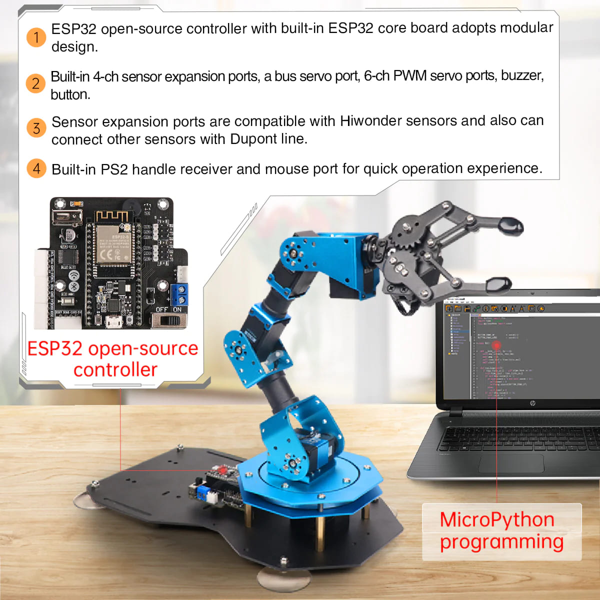 xArm ESP32 Bus Servo Robotic Arm Powered by Open-source ESP32 Python Programmable Robot (Cánh tay robot hoạt động trên nền tảng ESP32 nguồn mở, lập trình được bằng Python)