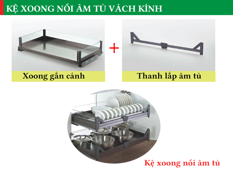 Kệ để xoong nồi âm tủ inox hộp vách kính