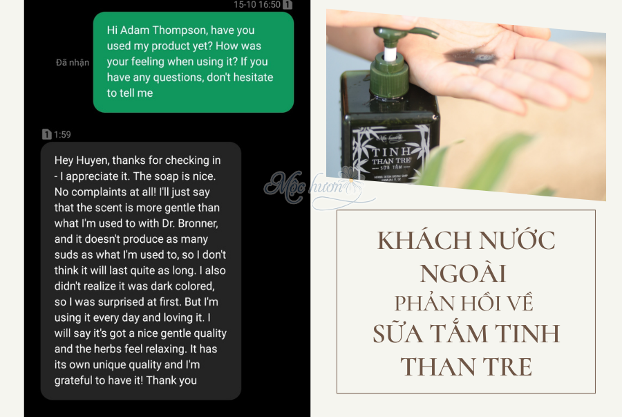 Khách nước ngoài feedback về Sữa tắm tinh than tre Mộc Hương