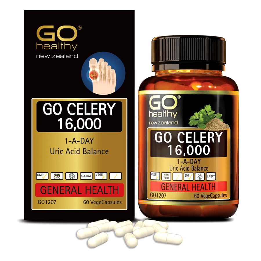 Viên gout nhập khẩu chính hãng New Zealand GO CELERY 16000mg 60 viên giúp giảm các triệu chứng bệnh gút: giảm uric acid, làm giảm triệu chứng sưng đau do gut