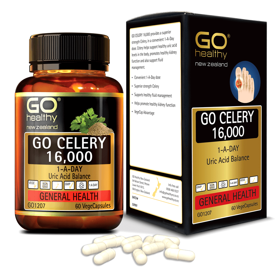 Viên gout nhập khẩu chính hãng New Zealand GO CELERY 16000mg 60 viên giúp giảm các triệu chứng bệnh gút: giảm uric acid, làm giảm triệu chứng sưng đau do gut