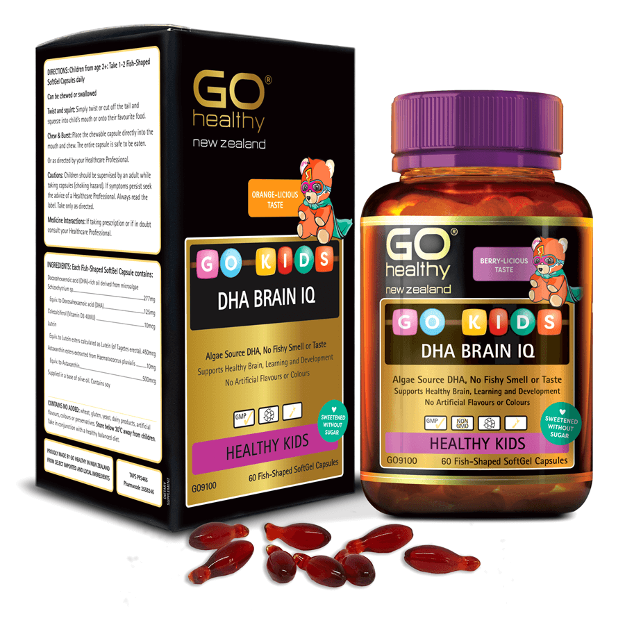 Viên bổ sung DHA cho bé GO KIDS DHA BRAIN IQ ( Hộp 60 viên) -DHA từ tảo biển hỗ trợ tăng cường sức khỏe não bộ; phát triển thị giác, đặc biệt với trẻ cận thị, loạn thị