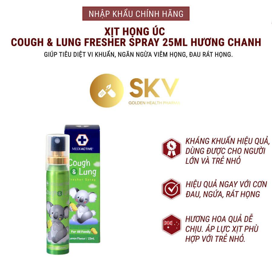 Xịt họng Úc Cough & Lung Spray 25ml xịt họng kháng khuẩn hương chanh