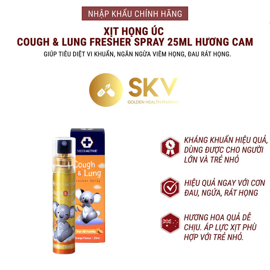 Xịt họng Úc Cough & Lung Spray 25ml xịt họng kháng khuẩn hương cam